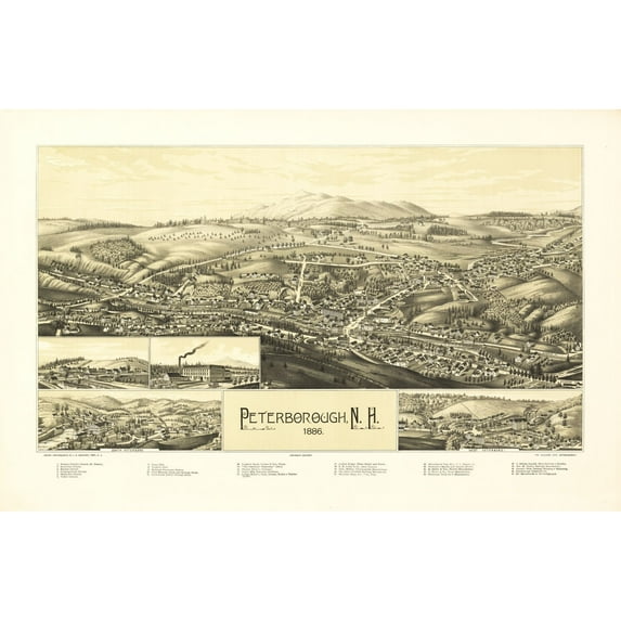Historic Panoramic View - Peterborough New Hampshire - Burleigh 1886 - Vintage Wall Art