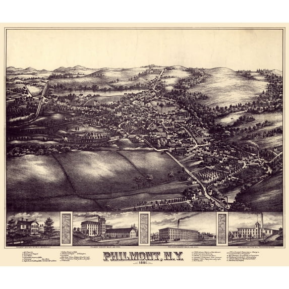 Historic Panoramic View - Philmont New York - 1881 - 27.28 x 23 - Vintage Wall Art