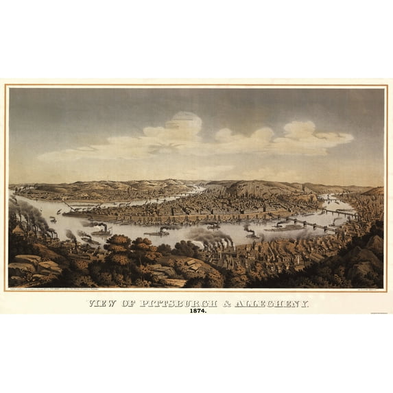 Historic Panoramic View - Pittsburgh Pennsylvania - Krebs 1874 - Vintage Wall Art