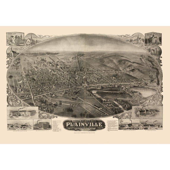Historic Panoramic View - Plainville Connecticut - Bailey 1907 - Vintage Wall Art