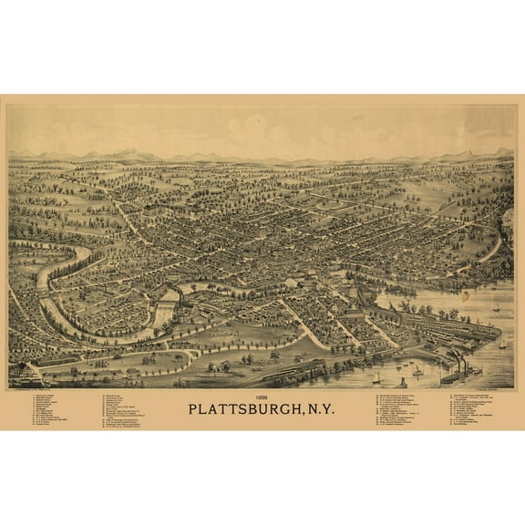 Historic Panoramic View - Plattsburgh New York - Burleigh 1899 - 35.85 x 23 - Vintage Wall Art