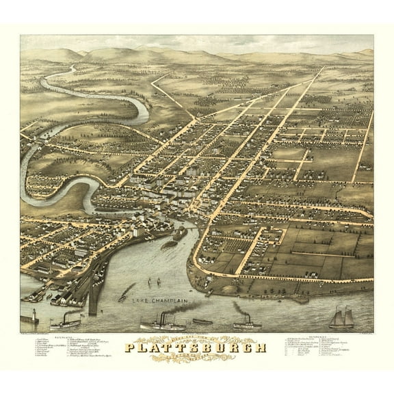 Historic Panoramic View - Plattsburgh New York - Stoner 1877 - 26.17 x 23 - Vintage Wall Art