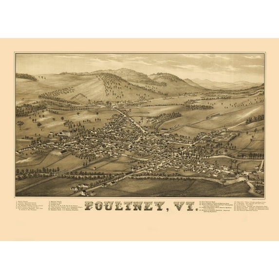 Historic Panoramic View - Poultney Vermont - Burleigh 1886 - 23 x 31.54 - Vintage Wall Art