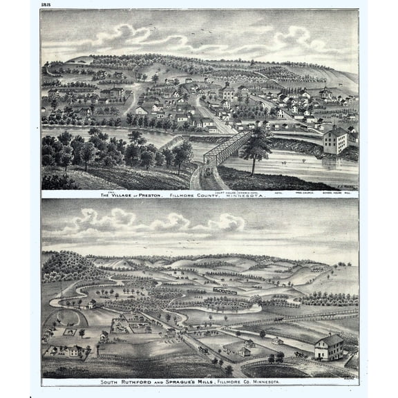 Historic Panoramic View - Preston Minnesota - Moore 1874 - Vintage Wall Art