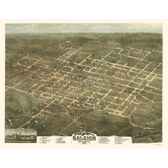 Historic Panoramic View - Raleigh North Carolina - Drie 1872 - 23 x 29.73 - Vintage Wall Art