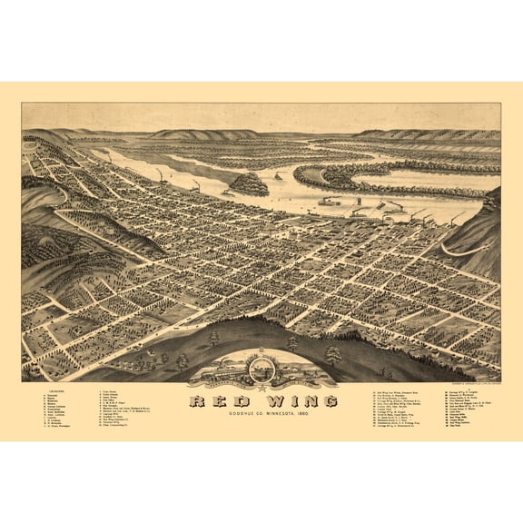 Historic Panoramic View - Red Wing Minnesota - Shober 1880 - Vintage Wall Art