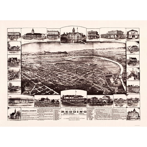 Historic Panoramic View - Redding California - Bush 1890 - Vintage Wall Art