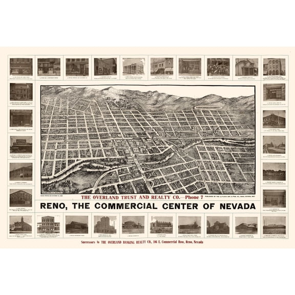 Historic Panoramic View - Reno Nevada - Brown 1907 - 33.59 x 23 - Vintage Wall Art