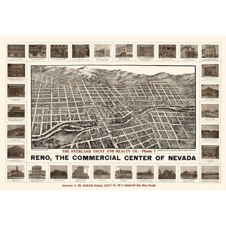 Historic Panoramic View - Reno Nevada - Brown 1907 - Vintage Wall Art