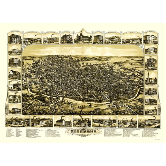 Historic Panoramic View - Richmond Indiana - Gilman 1884 - 23 x 31.82 - Vintage Wall Art
