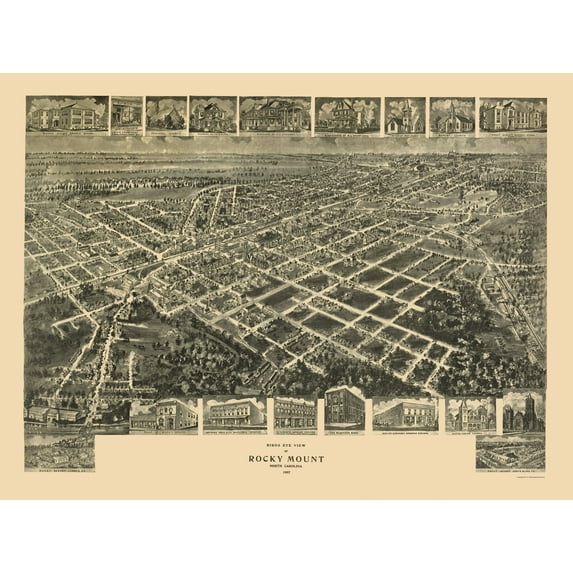 Historic Panoramic View - Rocky Mount North Carolina - Fowler 1907 - Vintage Wall Art