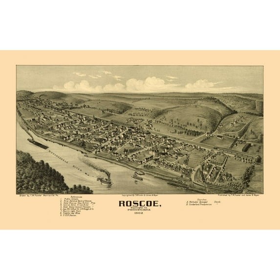 Historic Panoramic View - Roscoe Pennsylvania - Fowler 1902 - 35.86 x 23 - Vintage Wall Art