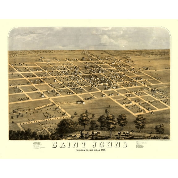 Historic Panoramic View - Saint Johns Michigan - Ruger 1868 - 29.30 x 23 - Vintage Wall Art