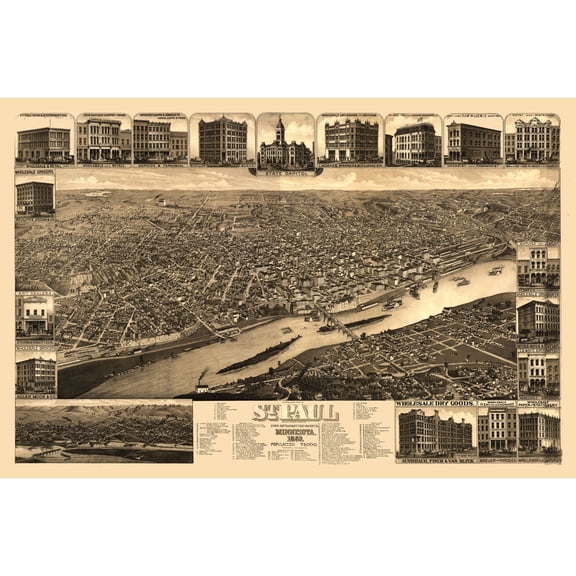 Historic Panoramic View - Saint Paul Minnesota - Stoner 1883 - 34.80 x 23lo - Vintage Wall Art