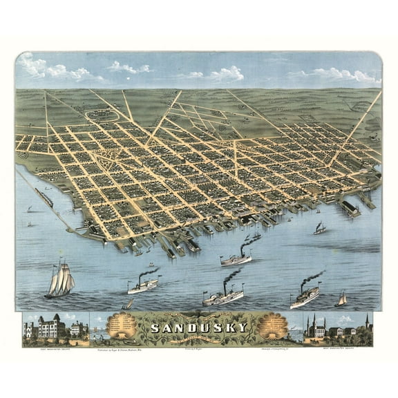 Historic Panoramic View - Sandusky Ohio -Stoner 1870 - 28.08 x 23 - Vintage Wall Art