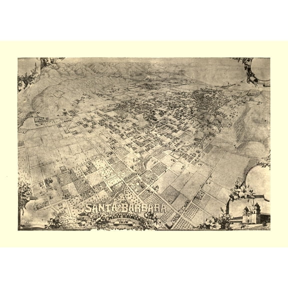 Historic Panoramic View - Santa Barbara California - 1896 - 32.02 x 23 - Vintage Wall Art