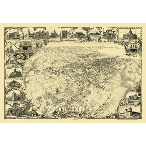 Historic Panoramic View - Santa Barbara California - Gifford 1898 - Vintage Wall Art
