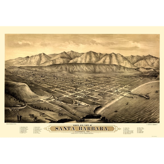 Historic Panoramic View - Santa Barbara California Looking North - Bancroft 1877 - 23 x 33.80 - Vintage Wall Art