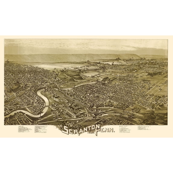 Historic Panoramic View - Scranton Pennsylvania - Fowler 1890 - 38.94 x 23 - Vintage Wall Art