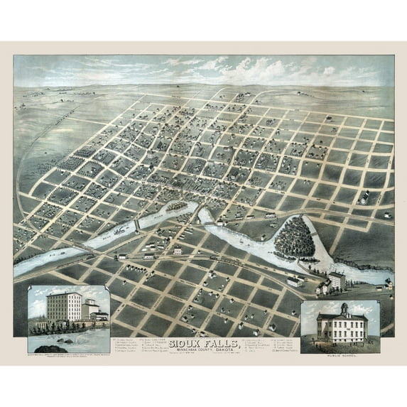 Historic Panoramic View - Sioux Falls South Dakota - Carson 1881 - Vintage Wall Art