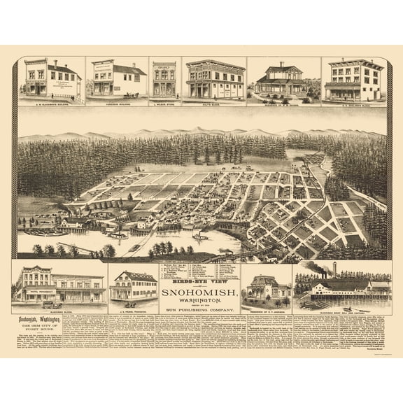 Historic Panoramic View - Snohomish Washington - Elliot 1890 - Vintage Wall Art