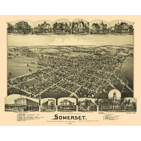 Historic Panoramic View - Somerset Pennsylvania - Fowler 1900 - Vintage Wall Art