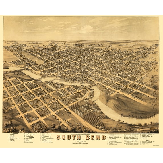 Historic Panoramic View - South Bend Indiana - Stoner 1874 - Vintage Wall Art