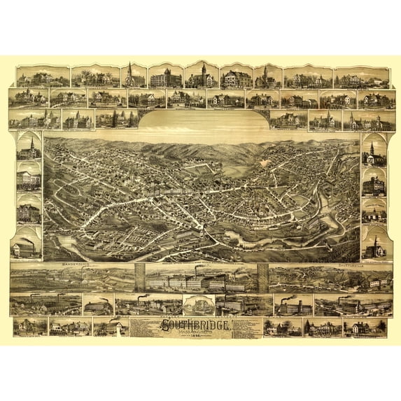 Historic Panoramic View - Southbridge Massachusetts - Bailey 1892 - Vintage Wall Art