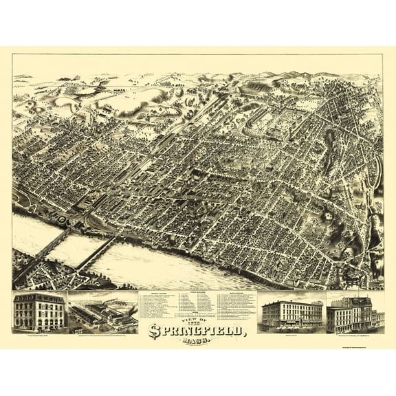 Historic Panoramic View - Springfield Massachusetts - Bailey 1875 - Vintage Wall Art