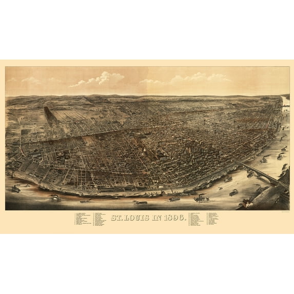 Historic Panoramic View - St Louis Missouri - Juehne 1896 - Vintage Wall Art