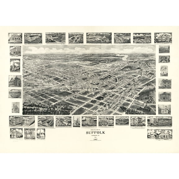 Historic Panoramic View - Suffolk Virginia - Fowler 1907 - Vintage Wall Art