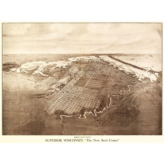 Historic Panoramic View - Superior Wisconsin - Bradley 1913 - Vintage Wall Art