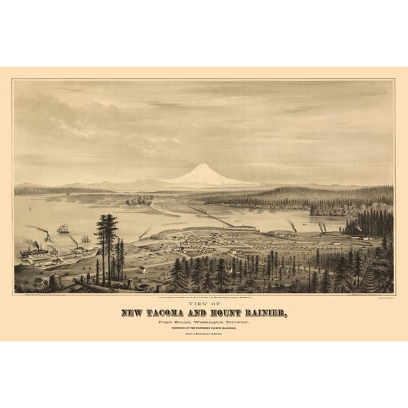Historic Panoramic View - Tacoma Mount Rainier Washington - Glover 1878 - 23 x 34.15 - Vintage Wall Art