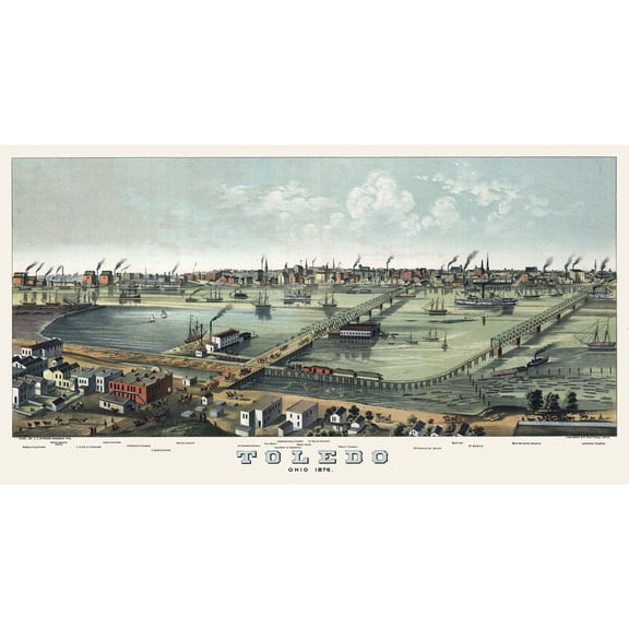 Historic Panoramic View - Toledo Ohio - Stoner 1876 - 42.56 x 23 - Vintage Wall Art
