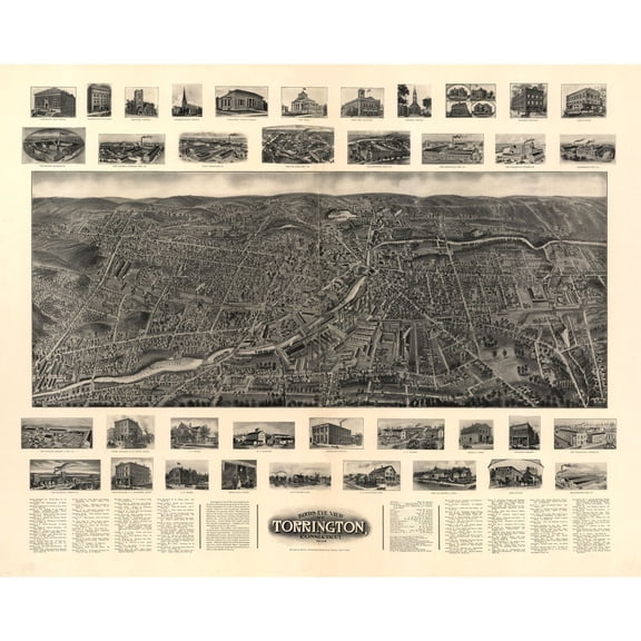 Historic Panoramic View - Torrington Connecticut - Bailey 1907 - Vintage Wall Art