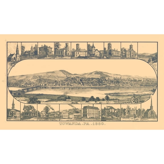 Historic Panoramic View - Towanda Pennsylvania - Crawford 1880 - Vintage Wall Art