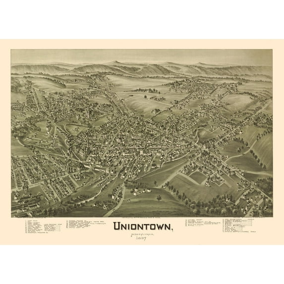 Historic Panoramic View - Uniontown Pennsylvania - Fowler 1897 - Vintage Wall Art