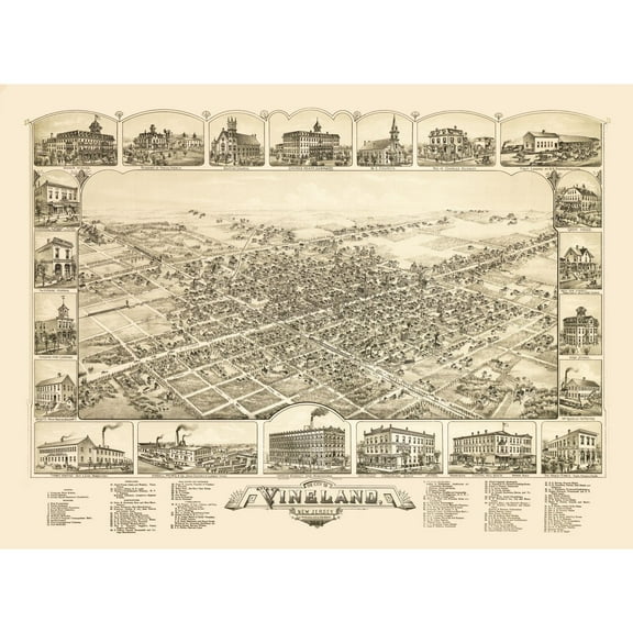 Historic Panoramic View - Vineland New Jersey - Bailey 1885 - 31.32 x 23 - Vintage Wall Art