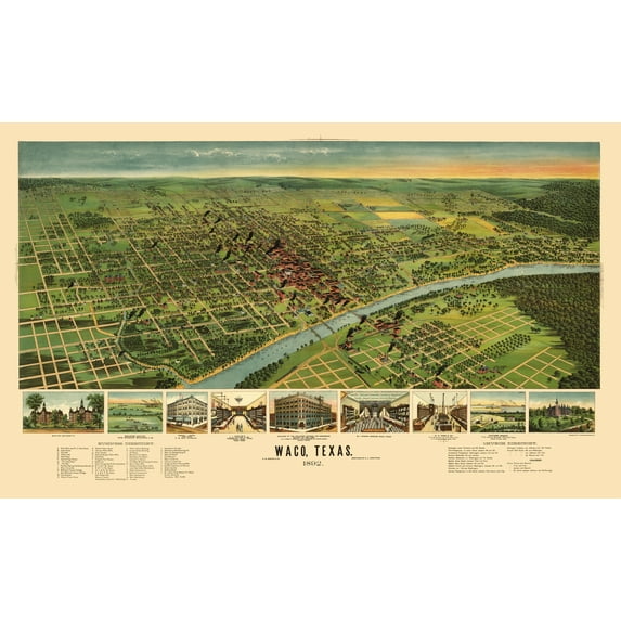 Historic Panoramic View - Waco Texas - Ension 1892 - 23 x 37.92 - Vintage Wall Art