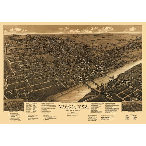 Historic Panoramic View - Waco Texas - Wellge 1886 - Vintage Wall Art