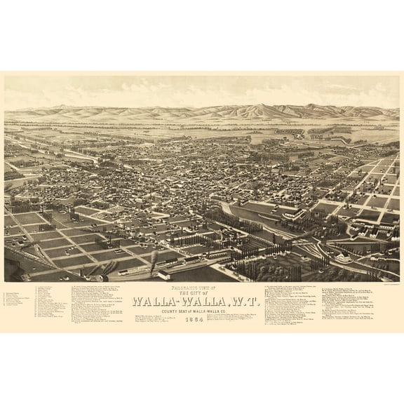 Historic Panoramic View - Walla Walla Washington - Burleigh 1884 - 23 x 35.35 - Vintage Wall Art