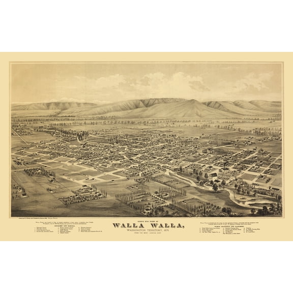 Historic Panoramic View - Walla Walla Washington - Everts 1876 - 23 x 35.53 - Vintage Wall Art