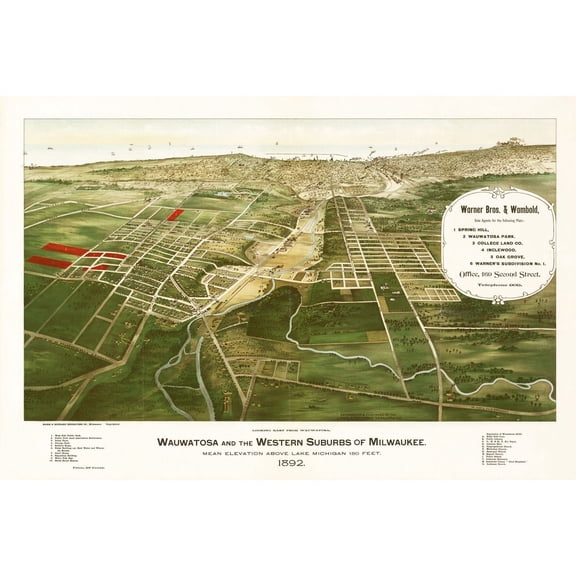 Historic Panoramic View - Wauwatosa Wisconsin - Marr 1892 - 34.47 x 23 - Vintage Wall Art