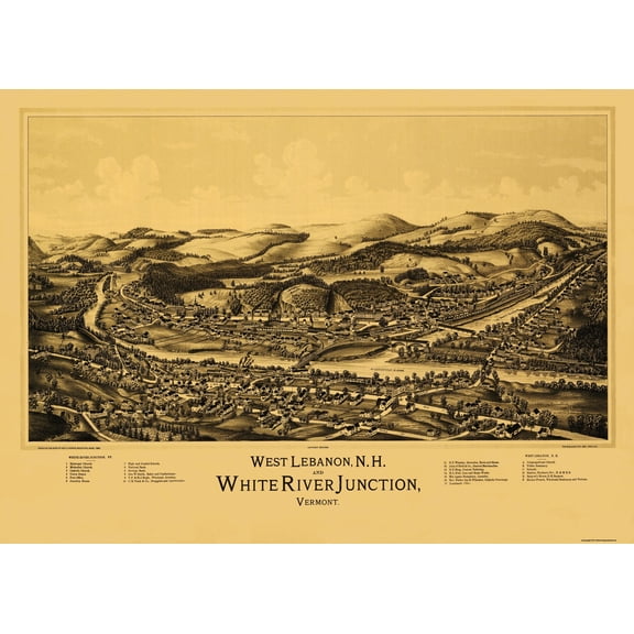 Historic Panoramic View - West Lebanon White River Junction - Norris 1889 - 32 x 23 - Vintage Wall Art