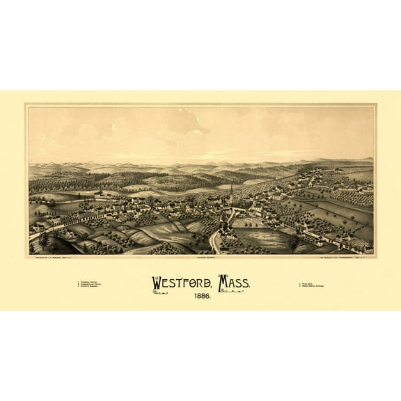 Historic Panoramic View - Westford Massachusetts - Burleigh 1886 - 41.84 x 23 - Vintage Wall Art
