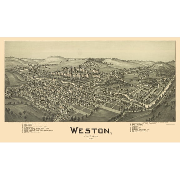 Historic Panoramic View - Weston West Virginia - Fowler 1900 - Vintage Wall Art