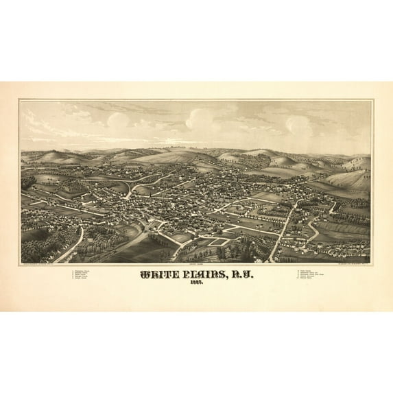 Historic Panoramic View - White Plains New York - Burleigh 1887 - 39.22 x 23 - Vintage Wall Art