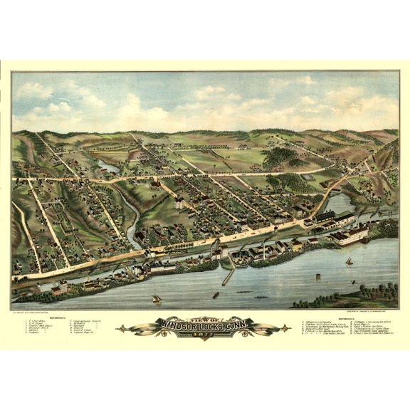 Historic Panoramic View - Windsor Locks Connecticut - Bailey 1877 - 32.53 x 23 - Vintage Wall Art