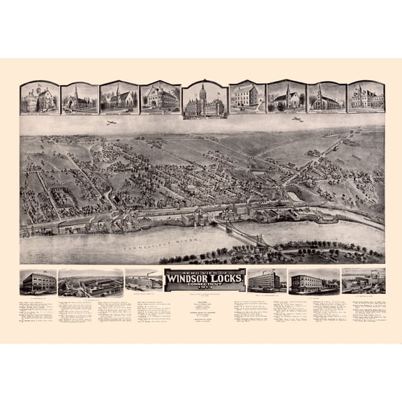Historic Panoramic View - Windsor Locks Connecticut - Bailey 1913 - 32.33 x 23 - Vintage Wall Art