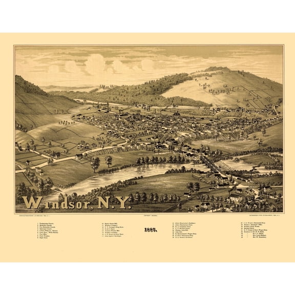Historic Panoramic View - Windsor New York - Burleigh 1887 - Vintage Wall Art